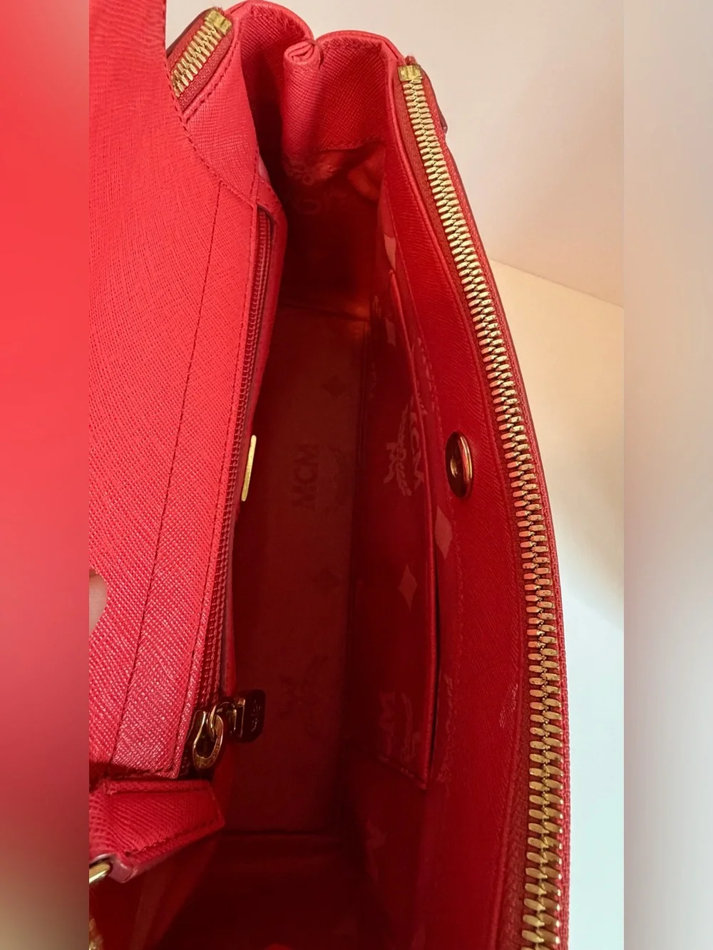 MCM Leather Double-Handle Satchel with Gold Hardware
